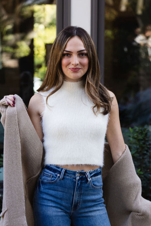 Snowflakes Fuzzy Knit Sweater Crop Top Ivory