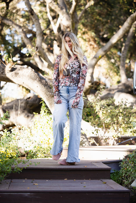 Floral Fusion Mesh Top Brown