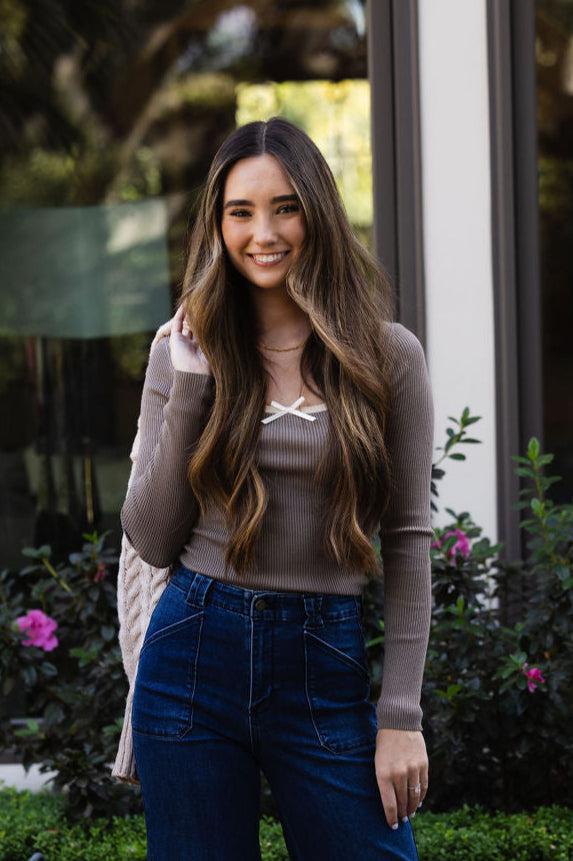 Put a Bow on It Long Sleeve Top Beige/Ivory