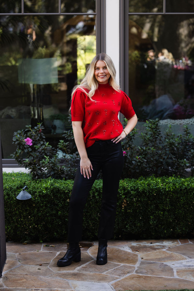 Rhinestone Party Sweater Top Red