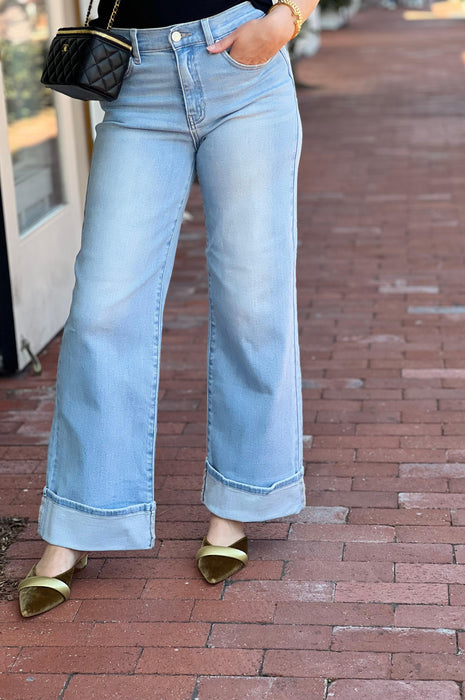 Cuffed Palazzo Straight Leg Jeans Light Denim