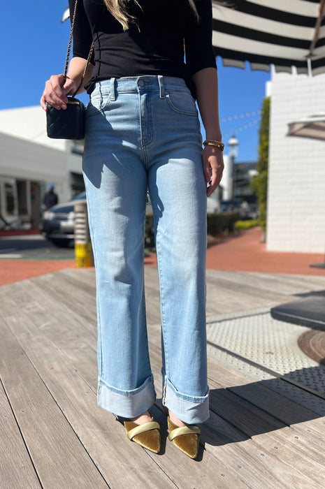 Cuffed Palazzo Straight Leg Jeans Light Denim