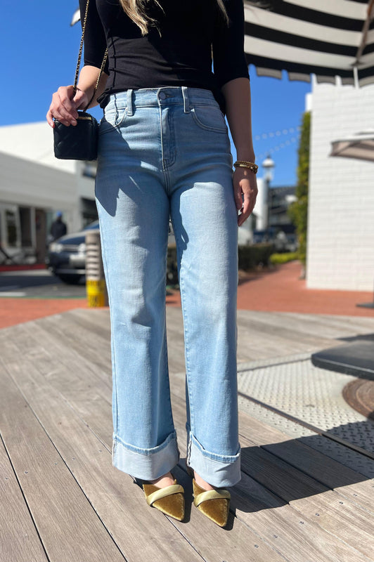 Cuffed Palazzo Straight Leg Jeans Light Denim