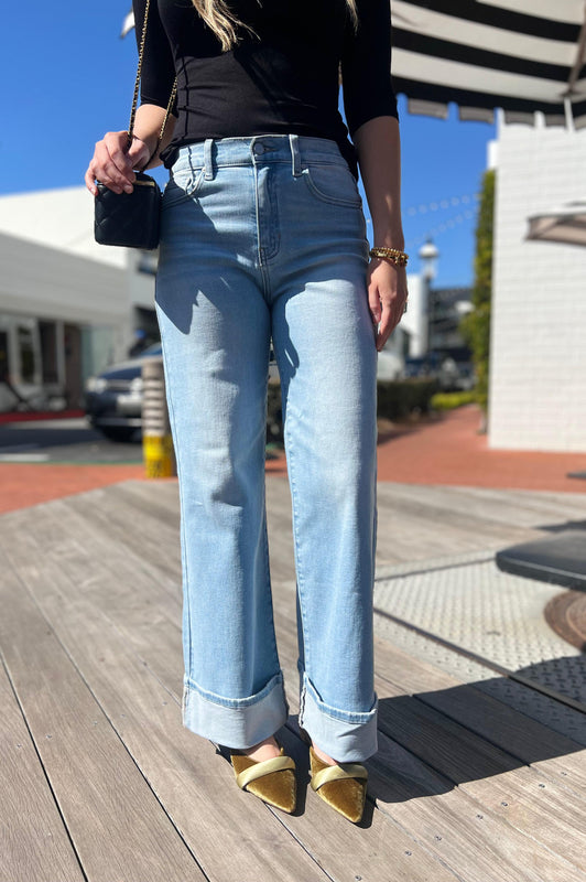 Cuffed Palazzo Straight Leg Jeans Light Denim