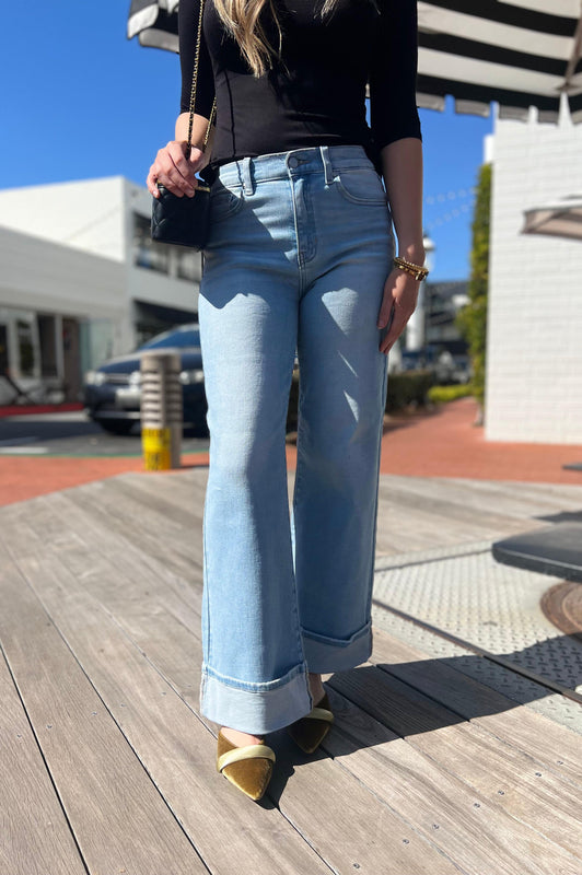 Cuffed Palazzo Straight Leg Jeans Light Denim