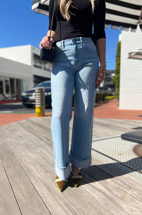 Cuffed Palazzo Straight Leg Jeans Light Denim