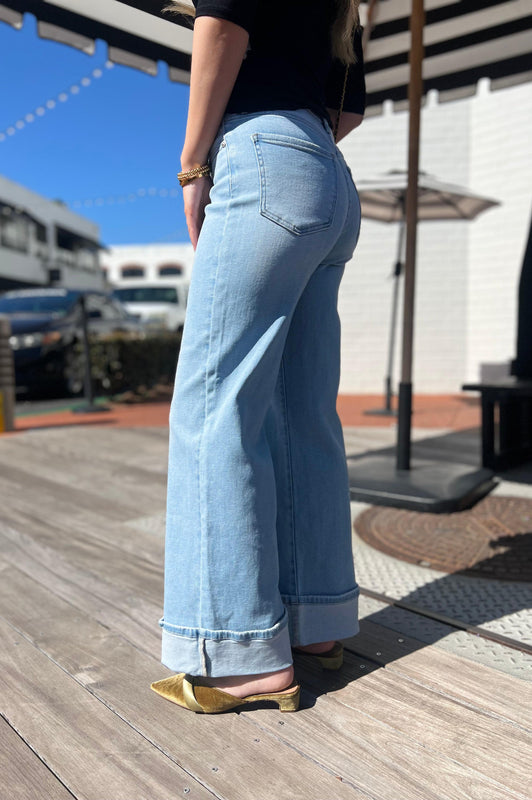 Cuffed Palazzo Straight Leg Jeans Light Denim