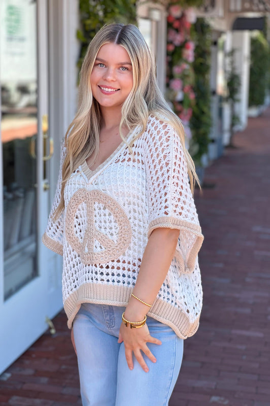 Peace Sign Crochet Knit Top Ivory Natural