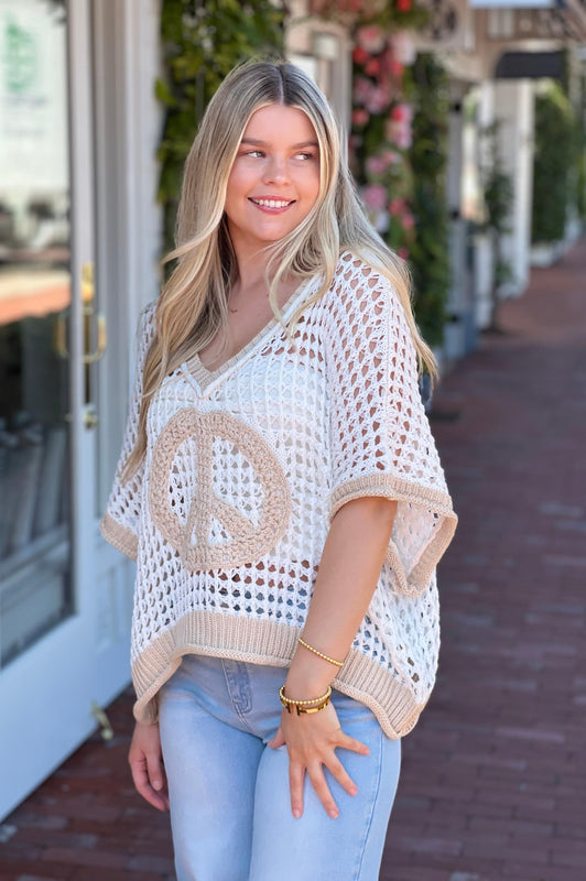 Peace Sign Crochet Knit Top Ivory Natural