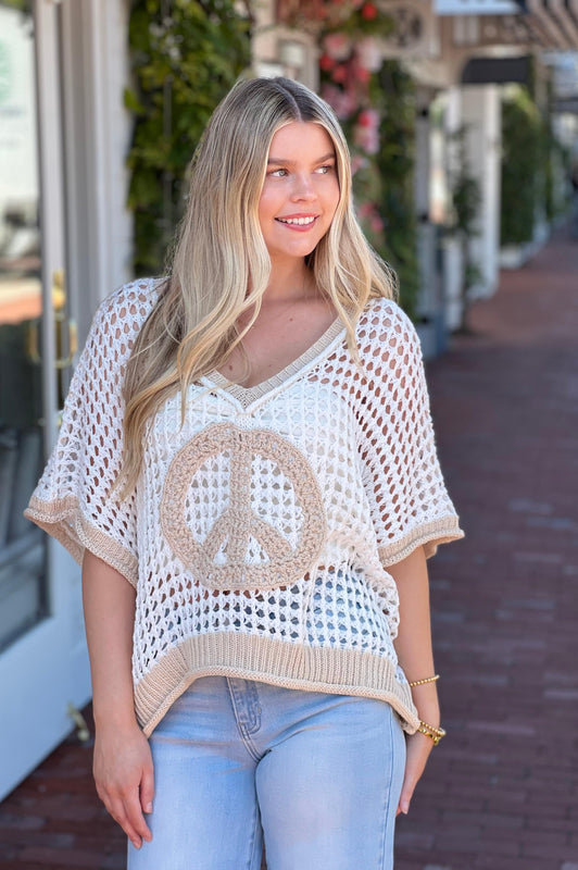 Peace Sign Crochet Knit Top Ivory Natural