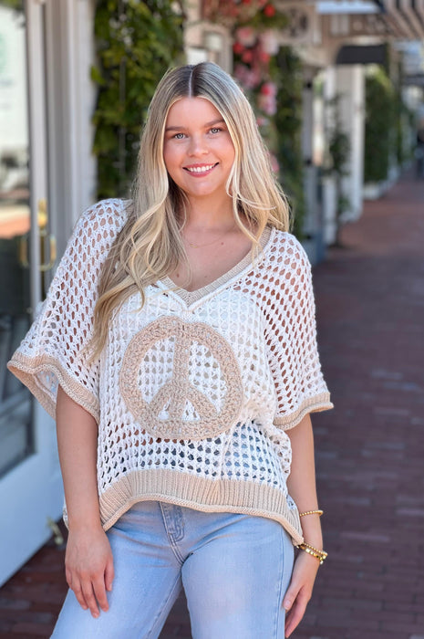 Peace Sign Crochet Knit Top Ivory Natural