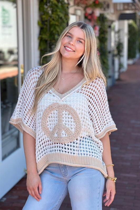 Peace Sign Crochet Knit Top Ivory Natural