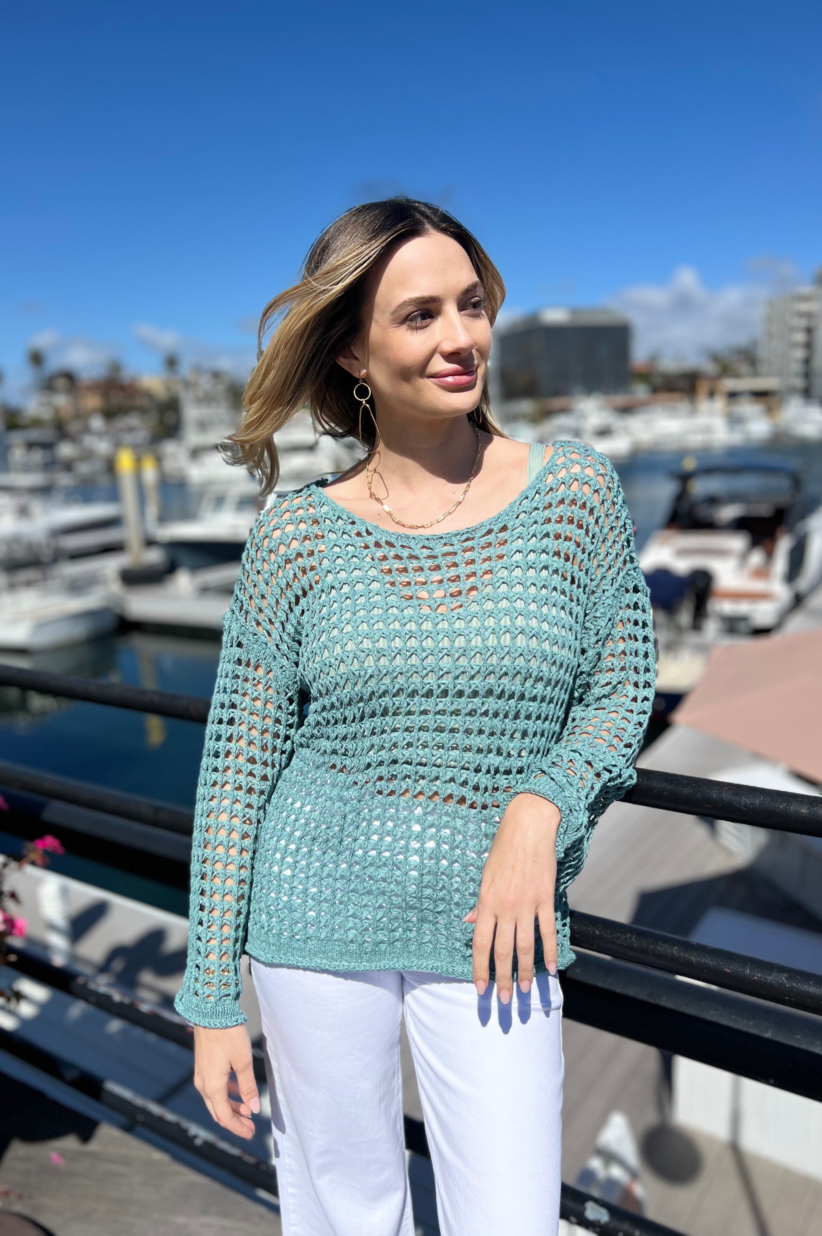 Crochet Knit Top Dusky Teal