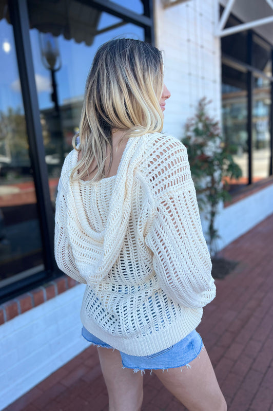 Open Knit Hooded Sweater Natural