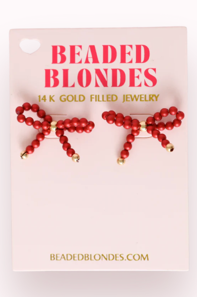 Pearl Bow Bead Earrings Red