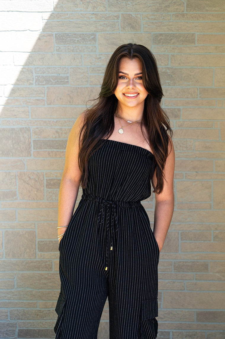 Pinstripe Strapless Cargo Jumpsuit Black/White