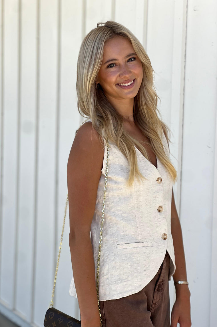 Linen Blend Striped Vest Oatmeal