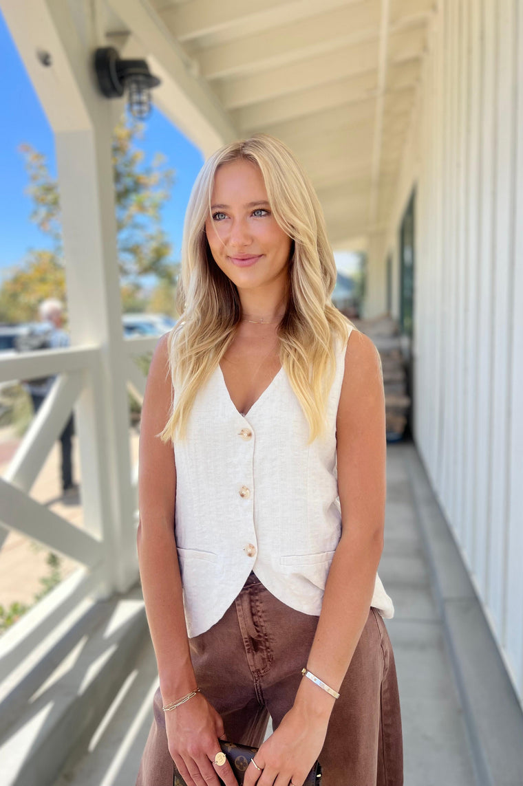 Linen Blend Striped Vest Oatmeal