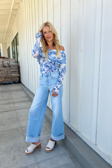 Floral Off The Shoulder Bodysuit Blue and White
