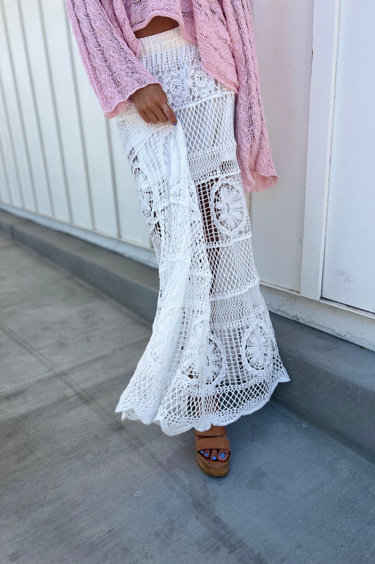 Arissa Crochet Long Flare Elastic Waist Band Skirts