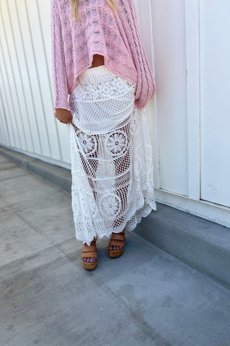 Arissa Crochet Long Flare Elastic Waist Band Skirts