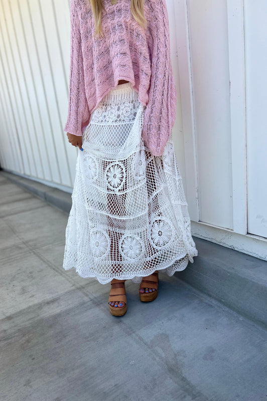 Arissa Crochet Long Flare Elastic Waist Band Skirts
