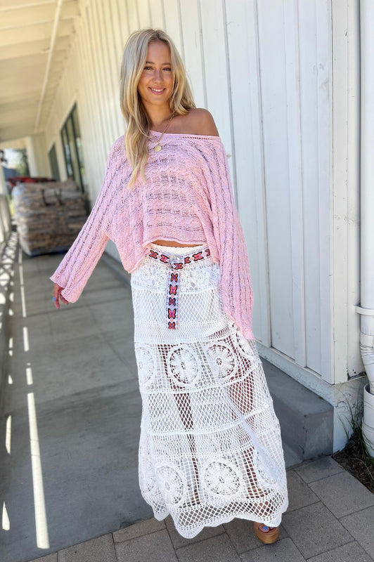 Arissa Crochet Long Flare Elastic Waist Band Skirts