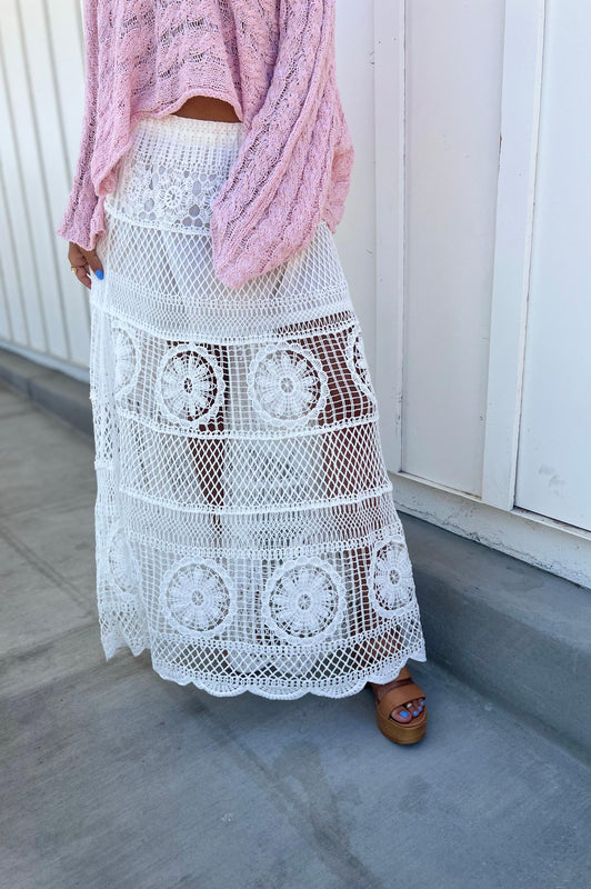 Arissa Crochet Long Flare Elastic Waist Band Skirts