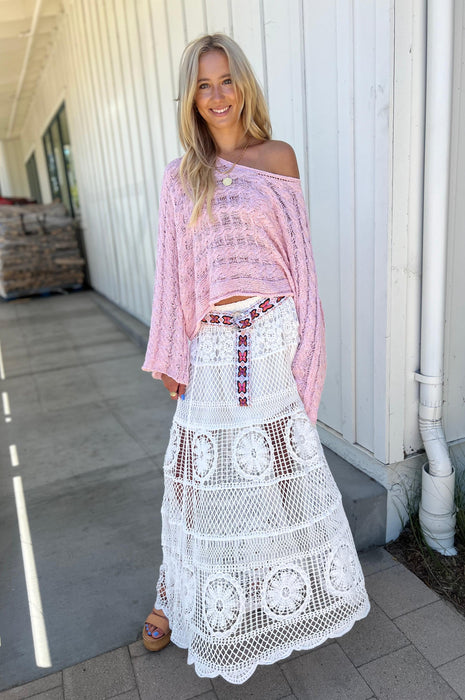 Arissa Crochet Long Flare Elastic Waist Band Skirts