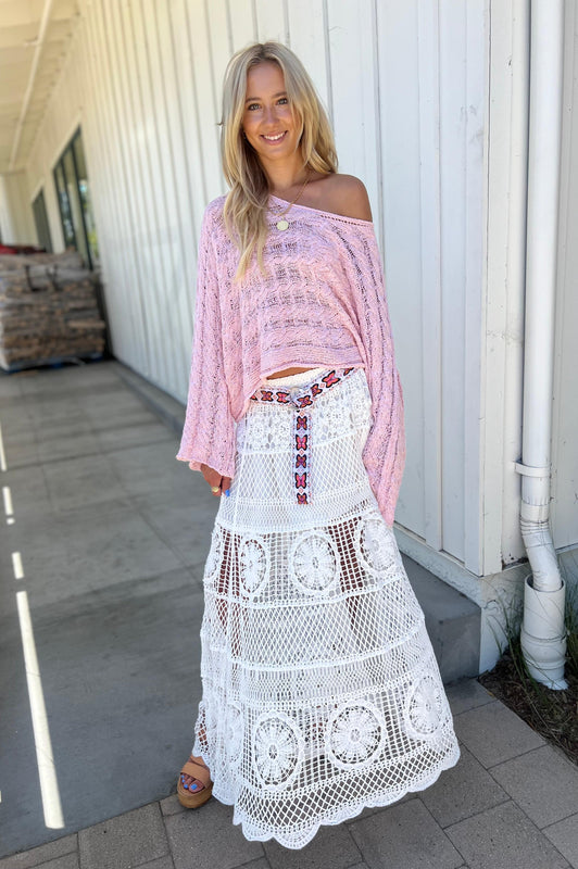 Arissa Crochet Long Flare Elastic Waist Band Skirts
