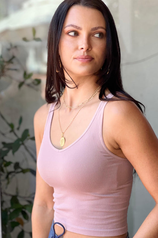 V-neck Ribbed Crop Tank Dusty Mauve