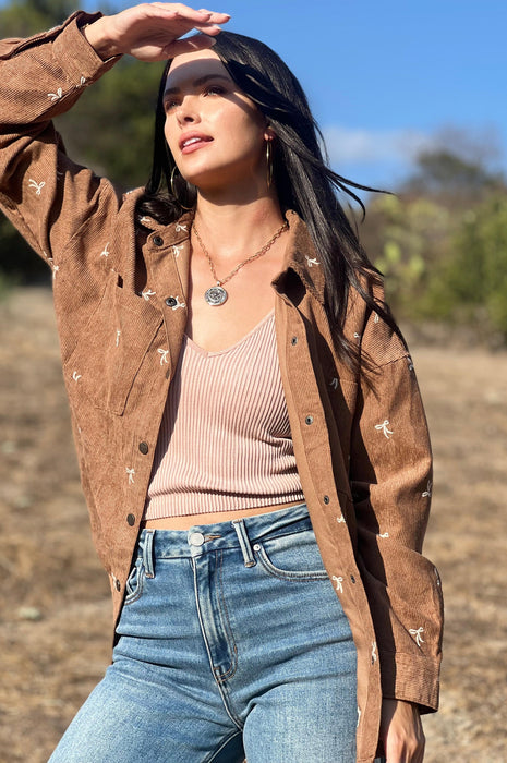 Put a Bow on it Embroidered Corduroy Shirt Brown