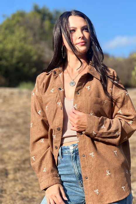 Put a Bow on it Embroidered Corduroy Shirt Brown
