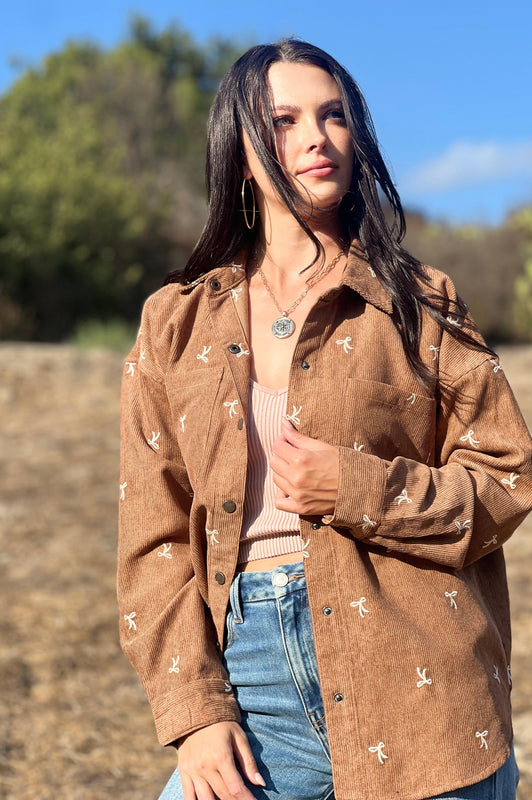 Put a Bow on it Embroidered Corduroy Shirt Brown