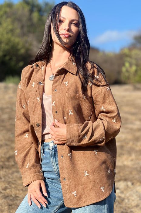 Put a Bow on it Embroidered Corduroy Shirt Brown