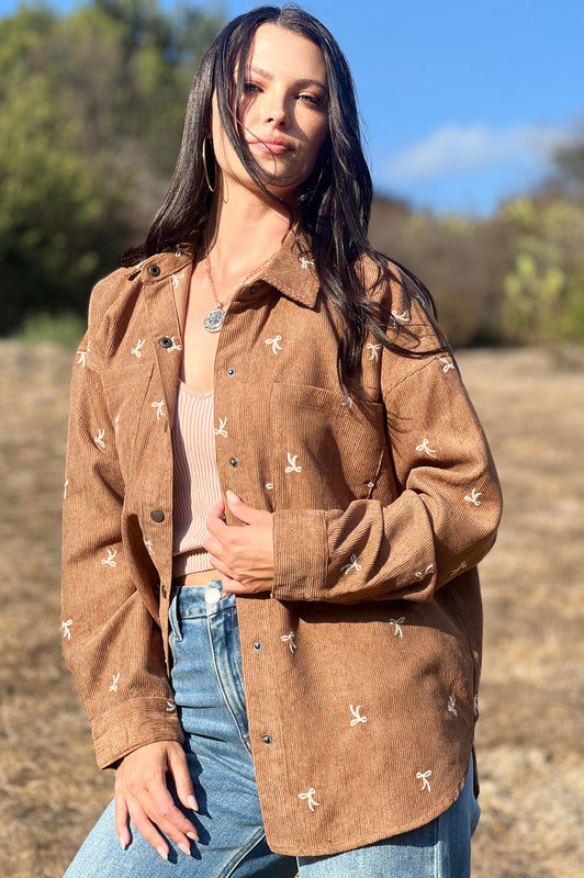 Put a Bow on it Embroidered Corduroy Shirt Brown