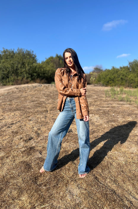 Put a Bow on it Embroidered Corduroy Shirt Brown