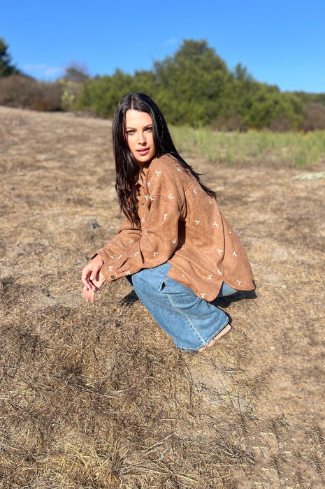 Put a Bow on it Embroidered Corduroy Shirt Brown
