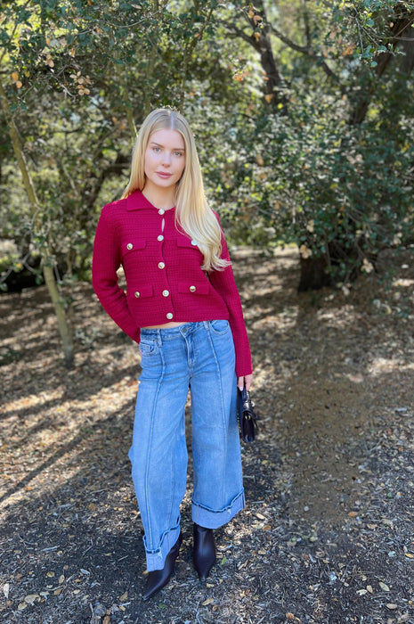 Cozy Corners Cardigan Burgundy Tweed