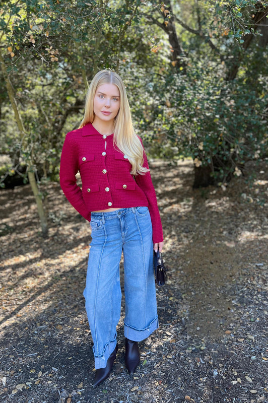 Cozy Corners Cardigan Burgundy Tweed