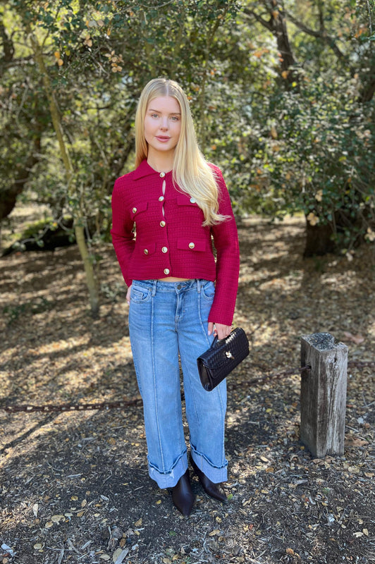 Cozy Corners Cardigan Burgundy Tweed