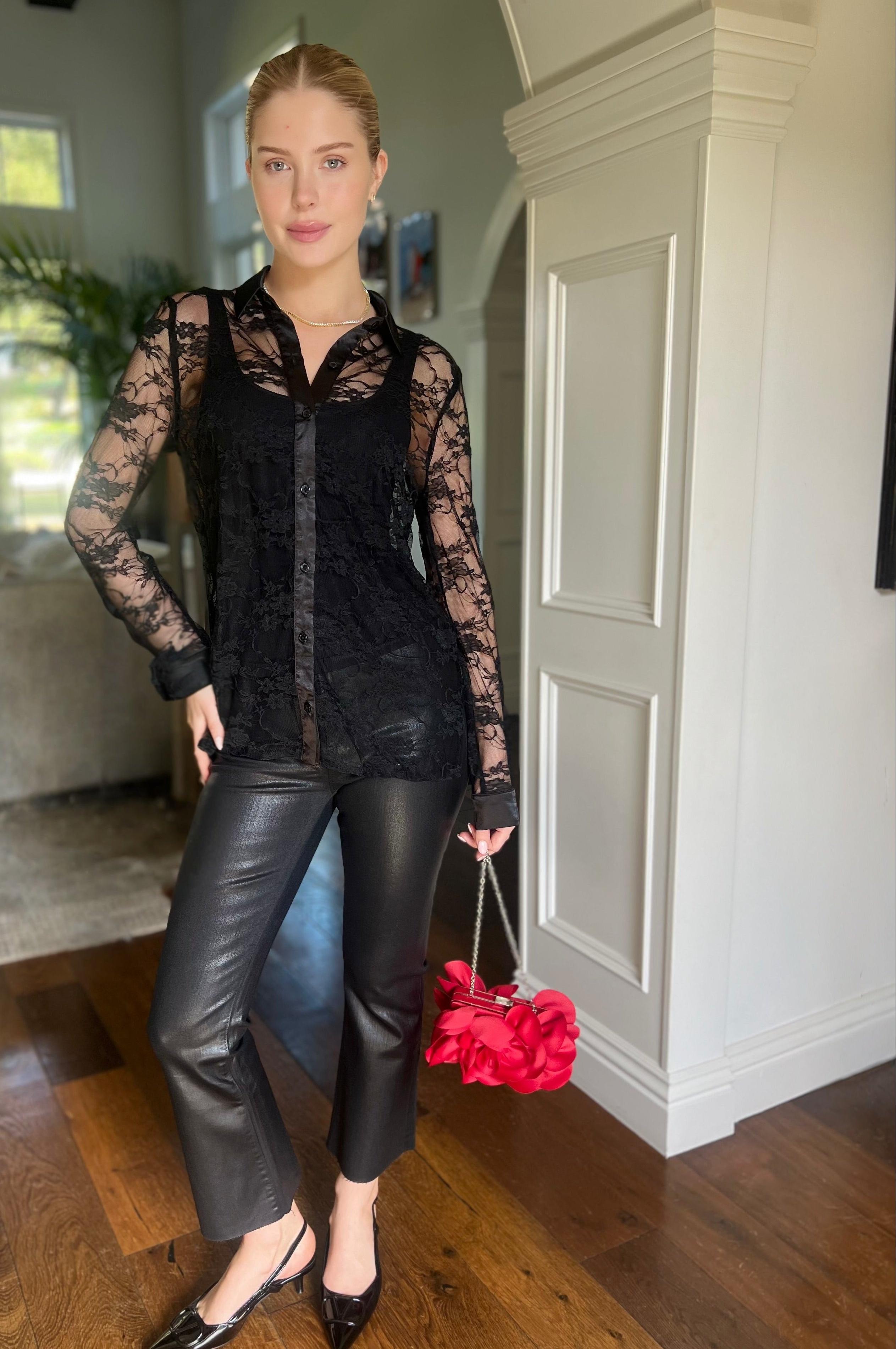 Evening Lace Mesh Shirt Blouse Black