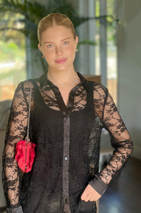 Evening Lace Mesh Shirt Blouse Black