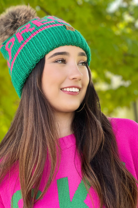 Apres PomPom Beanie Green Pink