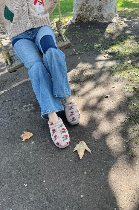 Sherpa Flower Bootie Floral Taupe Red