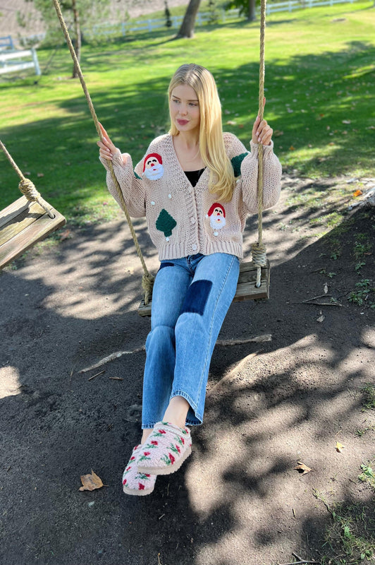 Sherpa Flower Bootie Floral Taupe Red