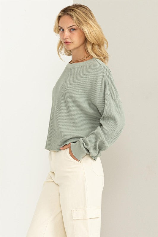 Trendy Appeal Waffle Knit Top Green
