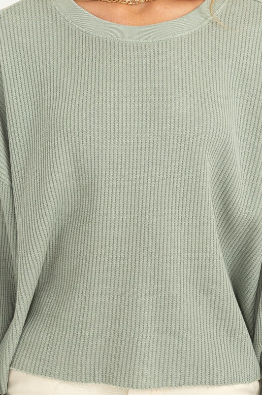 Trendy Appeal Waffle Knit Top Light Grey Green