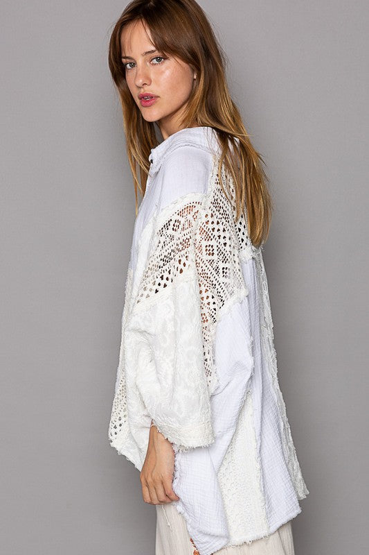 Olivia Button Down Lace Top White