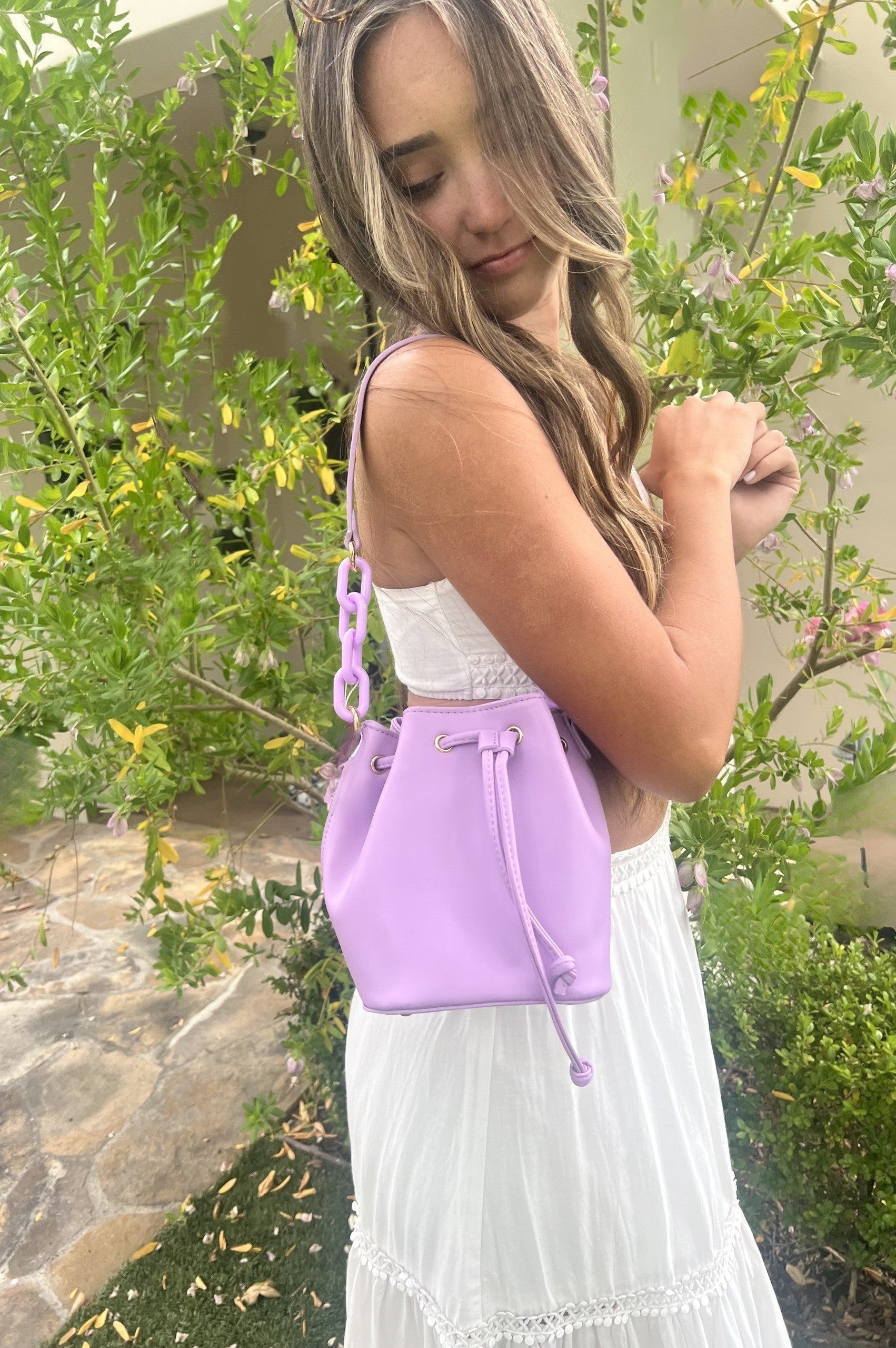 Brunch Ready Drawstring Bucket Bag Lavender